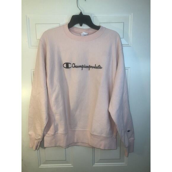 Champion Sweat Shirt Crew Neck Sweater Pink Women’s Medium Embroidered Black Top - Picture 1 of 6